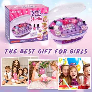 Golray Kids Nail Polish Set for Girls, All-in-One Nail Art Kit - Nail Dryer/ Nail Polish/ Glitter Powder/ False Nails/ Nail Decals/ Toe Separator/File, Age 3-12 Little Girl Gift Toys