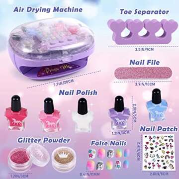 Golray Kids Nail Polish Set for Girls, All-in-One Nail Art Kit - Nail Dryer/ Nail Polish/ Glitter Powder/ False Nails/ Nail Decals/ Toe Separator/File, Age 3-12 Little Girl Gift Toys