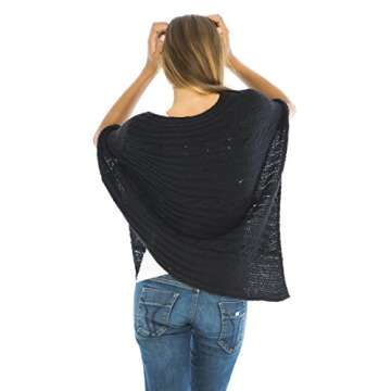 Back From Bali Knit Cable Poncho Black Womens Sweater Cape Boho Soft Casual