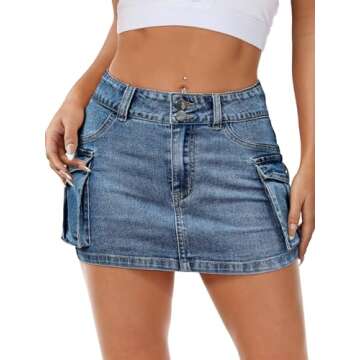 Mancreda Women Denim Cargo Skirt Mini Low Waist Button Bodycon Y2K Flap Pockets Skirts(BL,S)