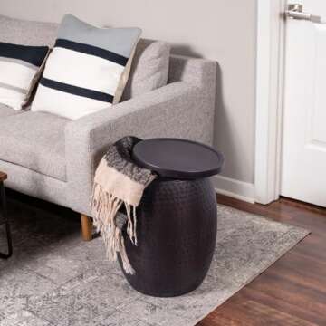 BIRDROCK HOME Iron Storage Side Table - Rustic Woven End Table with Removable Lid - Circle Barrel Ac...
