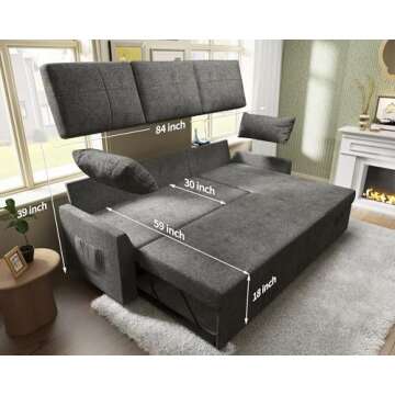 VanAcc Sleeper Sofa, Sofa Bed- 2 in 1 Pull Out Couch Bed with Storage Chaise for Living Room, Sofa S...