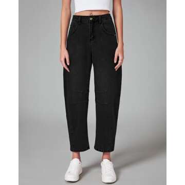 GRAPENT Barrel Jeans for Women Balloon Wide Leg Cropped Trendy Jeans Boyfriend High Waisted Jean Pants Casual Stretchy Summer Denim Trousers Color True Black Small Petite Size 4 to 6