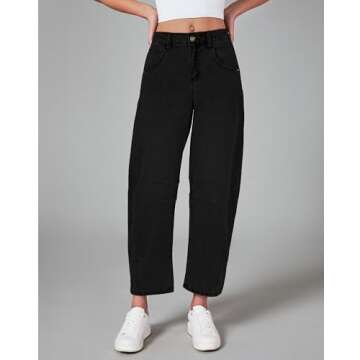 GRAPENT Barrel Jeans for Women Balloon Wide Leg Cropped Trendy Jeans Boyfriend High Waisted Jean Pants Casual Stretchy Summer Denim Trousers Color True Black Small Petite Size 4 to 6