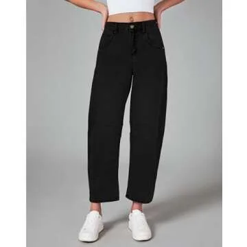 GRAPENT Barrel Jeans for Women Balloon Wide Leg Cropped Trendy Jeans Boyfriend High Waisted Jean Pants Casual Stretchy Summer Denim Trousers Color True Black Small Petite Size 4 to 6