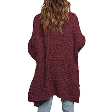 LOGENE Women's Oversized Batwing Long Sleeve Soft Knit Open Front Casual Cardigan Sweaters with Pockets (Burgundy, M) 260-zaohong-M
