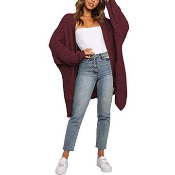 LOGENE Women's Oversized Batwing Long Sleeve Soft Knit Open Front Casual Cardigan Sweaters with Pockets (Burgundy, M) 260-zaohong-M