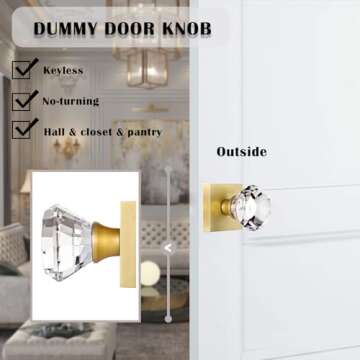 HIEMEY 4 Pack Closet and Hall Dummy Door Knob Interior, Inactive Clear Glass Crystal Door Knobs Set Gold, Non-Turning Door Knobs Diamond Shape, Satin Brass Door Knobs Square, BS-010N