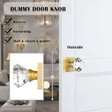 HIEMEY 4 Pack Closet and Hall Dummy Door Knob Interior, Inactive Clear Glass Crystal Door Knobs Set Gold, Non-Turning Door Knobs Diamond Shape, Satin Brass Door Knobs Square, BS-010N