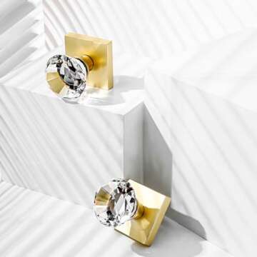 HIEMEY 4 Pack Closet and Hall Dummy Door Knob Interior, Inactive Clear Glass Crystal Door Knobs Set Gold, Non-Turning Door Knobs Diamond Shape, Satin Brass Door Knobs Square, BS-010N