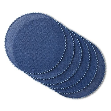 Martha Stewart Woven Water Resistant Lindos Placemat Set 6-Pack, 15" Round, Navy Blue