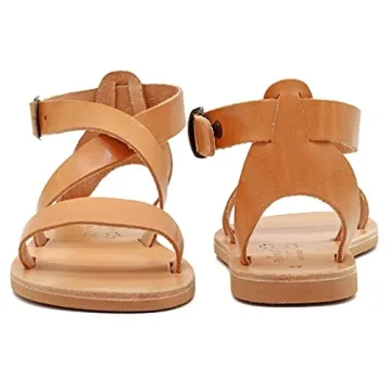 Size 8 Beige Emmanuela Greek Handmade Leather Flat Sandals, Quality Ankle Strap Sandals with adjustable buckle, Ankle Cuff Summer Shoes, Open Toe Strappy Sandals, Boho Chic Sandals