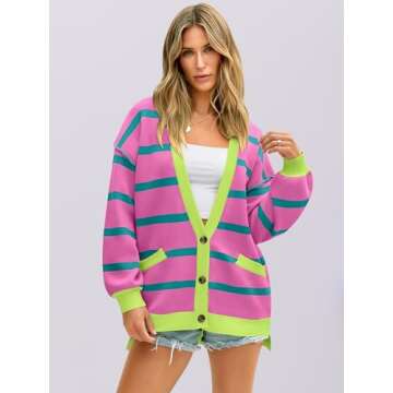 ANRABESS Womens Checkered Striped Cardigan Sweater Long Sleeve Color Block Jacket Oversized Open Fro...