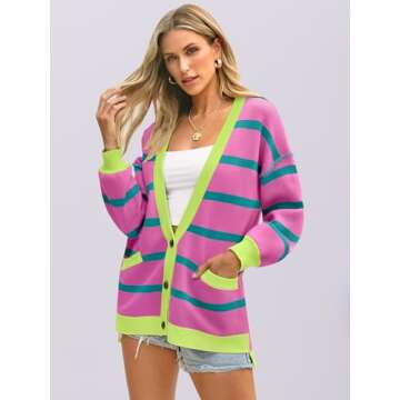 ANRABESS Womens Checkered Striped Cardigan Sweater Long Sleeve Color Block Jacket Oversized Open Front Coat 2025 Fall Fashion Pink Green Stripe Large