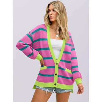 ANRABESS Womens Checkered Striped Cardigan Sweater Long Sleeve Color Block Jacket Oversized Open Front Coat 2025 Fall Fashion Pink Green Stripe Large