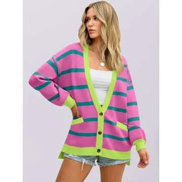 ANRABESS Womens Checkered Striped Cardigan Sweater Long Sleeve Color Block Jacket Oversized Open Front Coat 2025 Fall Fashion Pink Green Stripe Large