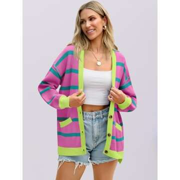 ANRABESS Womens Checkered Striped Cardigan Sweater Long Sleeve Color Block Jacket Oversized Open Front Coat 2025 Fall Fashion Pink Green Stripe Large