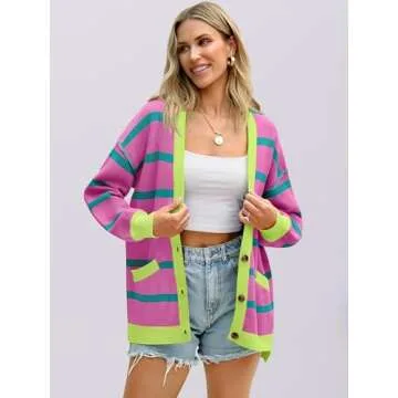 ANRABESS Womens Checkered Striped Cardigan Sweater Long Sleeve Color Block Jacket Oversized Open Front Coat 2025 Fall Fashion Pink Green Stripe Large