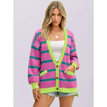 ANRABESS Womens Checkered Striped Cardigan Sweater Long Sleeve Color Block Jacket Oversized Open Front Coat 2025 Fall Fashion Pink Green Stripe Large