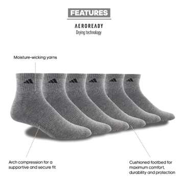 adidas Men's Athletic Cushioned Quarter Socks with Arch Compression for a Secure fit (6-Pair), Heath...