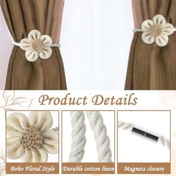 GEEHUA Magnetic Curtain Tiebacks, 2Pcs Flower Drapery Tie Backs Boho Decorative Holdbacks Ropes Curtain Holders for Window Decor Bedroom Office Home