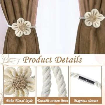GEEHUA Magnetic Curtain Tiebacks, 2Pcs Flower Drapery Tie Backs Boho Decorative Holdbacks Ropes Curtain Holders for Window Decor Bedroom Office Home
