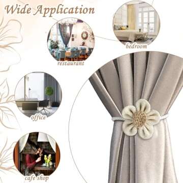 GEEHUA Magnetic Curtain Tiebacks, 2Pcs Flower Drapery Tie Backs Boho Decorative Holdbacks Ropes Curtain Holders for Window Decor Bedroom Office Home