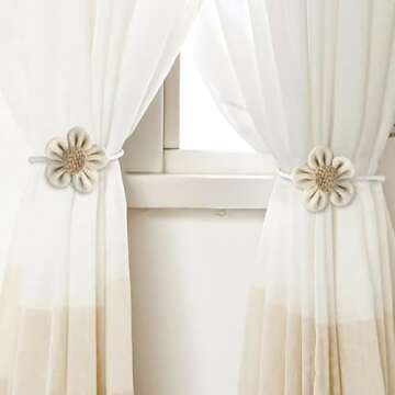 GEEHUA Magnetic Curtain Tiebacks, 2Pcs Flower Drapery Tie Backs Boho Decorative Holdbacks Ropes Curtain Holders for Window Decor Bedroom Office Home