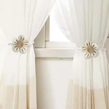 GEEHUA Magnetic Curtain Tiebacks, 2Pcs Flower Drapery Tie Backs Boho Decorative Holdbacks Ropes Curtain Holders for Window Decor Bedroom Office Home