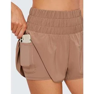 CRZ YOGA 2 in 1 High Waisted Running Shorts for Women 3" - Split Breathable for Athletic Tennis Gym Workout with Pockets Mocha Mousse Medium