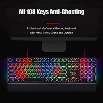 RK ROYAL KLUDGE S108 Typewriter Keyboard, Retro Mechanical Gaming Keyboard Wired 108 Keys with RGB Backlit Sidelight, Detachable Wrist Rest, Round Keycaps Blue Switches - Black