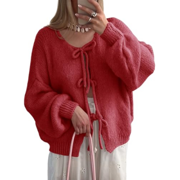 Saodimallsu Womens Tie Front Cardigan Sweaters Cute Bow Puff Long Sleeve 2024 Fall Loose Ribbed Knit...