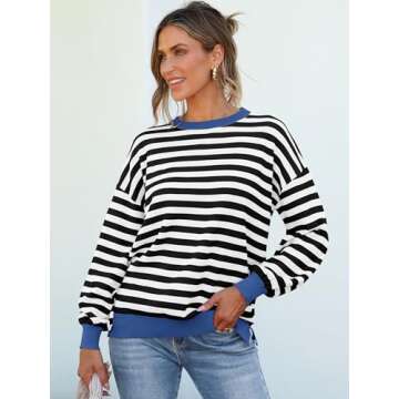 ANRABESS Womens Oversized Striped Sweaters Long Sleeve Crewneck Casual Side Slit Pullover Shirts 2025 Spring Trendy Tops