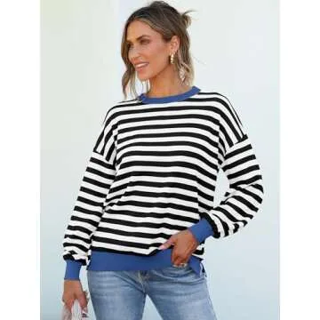 ANRABESS Womens Oversized Striped Sweaters Long Sleeve Crewneck Casual Side Slit Pullover Shirts 2025 Spring Trendy Tops
