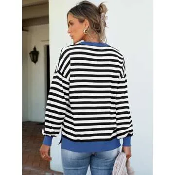 ANRABESS Womens Oversized Striped Sweaters Long Sleeve Crewneck Casual Side Slit Pullover Shirts 2025 Spring Trendy Tops