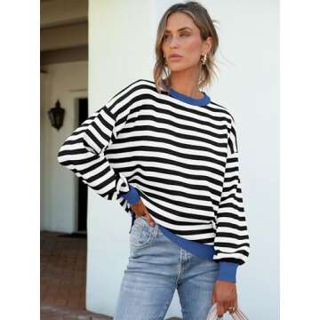 ANRABESS Womens Oversized Striped Sweaters Long Sleeve Crewneck Casual Side Slit Pullover Shirts 2025 Spring Trendy Tops