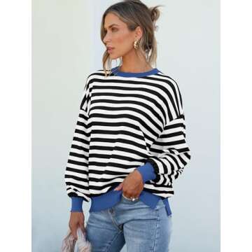 ANRABESS Womens Oversized Striped Sweaters Long Sleeve Crewneck Casual Side Slit Pullover Shirts 2025 Spring Trendy Tops