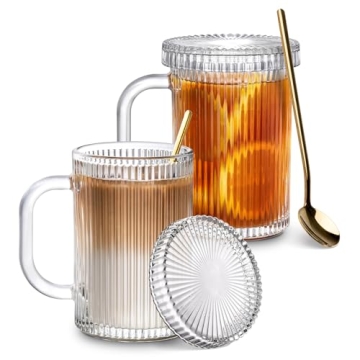 Combler Glass Coffee Mugs 13oz Clear with Lid and Spoon