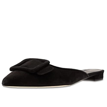 Elegant Black Suede Mules for Women - Pointed Toe & Buckle Detail