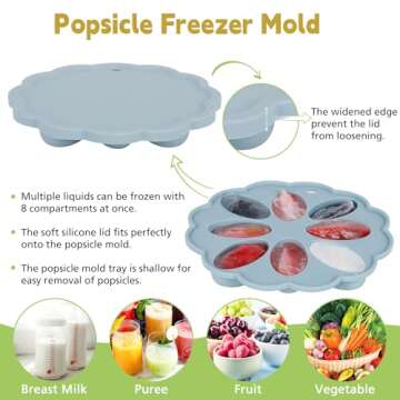 Silicone Baby Fruit Food Feeder Breastmilk Popsicle Mold Set, Baby Teething Toy for Safe Infant Self Feeding, Baby Food Freezer Tray with Lid for Teething Relief Includes 3 Food Pacifiers(Blue)