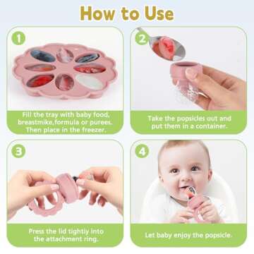 Silicone Baby Fruit Food Feeder Breastmilk Popsicle Mold Set, Baby Teething Toy for Safe Infant Self Feeding, Baby Food Freezer Tray with Lid for Teething Relief Includes 3 Food Pacifiers(Blue)