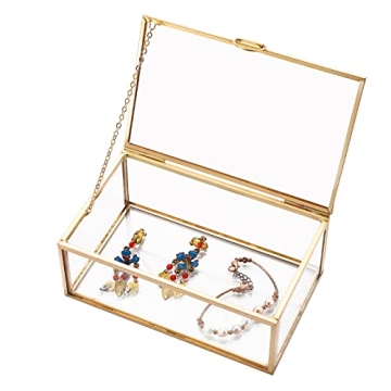 AMGSH 5.7" Golden Vintage Glass Keepsake Box | Elegant Jewelry Organizer
