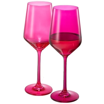 Hot Pink Wine Glasses | Set of 2 | Magenta & Blush Pink Classic Crystal Glassware, Unique Barware Gl...