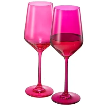 Hot Pink Wine Glasses | Set of 2 | Magenta & Blush Pink Classic Crystal Glassware, Unique Barware Gl...