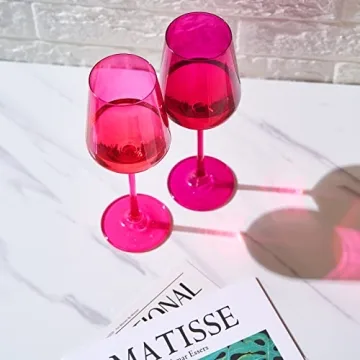 Hot Pink Wine Glasses | Set of 2 | Magenta & Blush Pink Classic Crystal Glassware, Unique Barware Glasses For Red and White, Cocktails, Champagne, Wine - Unique Gift For Wine Lovers (12 OZ)