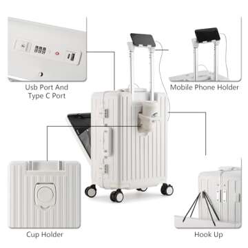 CAARANY Carry on Luggage 22x14x9 Airline Approved, PC Lightweight Hardside Suitcase with Spinner Wheels, Front Pocket, USB Port, Cup Holder and Aluminum Frame, White, 20-Inch