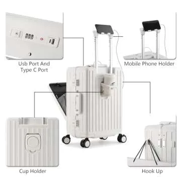 CAARANY Carry on Luggage 22x14x9 Airline Approved, PC Lightweight Hardside Suitcase with Spinner Wheels, Front Pocket, USB Port, Cup Holder and Aluminum Frame, White, 20-Inch
