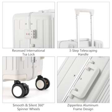 CAARANY Carry on Luggage 22x14x9 Airline Approved, PC Lightweight Hardside Suitcase with Spinner Wheels, Front Pocket, USB Port, Cup Holder and Aluminum Frame, White, 20-Inch