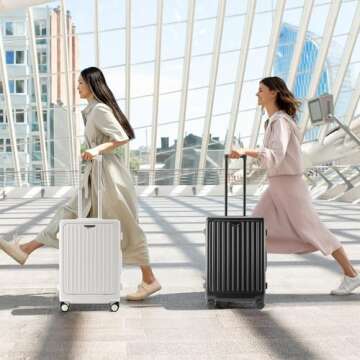 CAARANY Carry on Luggage 22x14x9 Airline Approved, PC Lightweight Hardside Suitcase with Spinner Wheels, Front Pocket, USB Port, Cup Holder and Aluminum Frame, White, 20-Inch