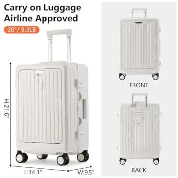 CAARANY Carry on Luggage 22x14x9 Airline Approved, PC Lightweight Hardside Suitcase with Spinner Wheels, Front Pocket, USB Port, Cup Holder and Aluminum Frame, White, 20-Inch